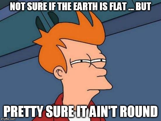 Futurama Fry | NOT SURE IF THE EARTH IS FLAT ... BUT; PRETTY SURE IT AIN'T ROUND | image tagged in memes,futurama fry | made w/ Imgflip meme maker