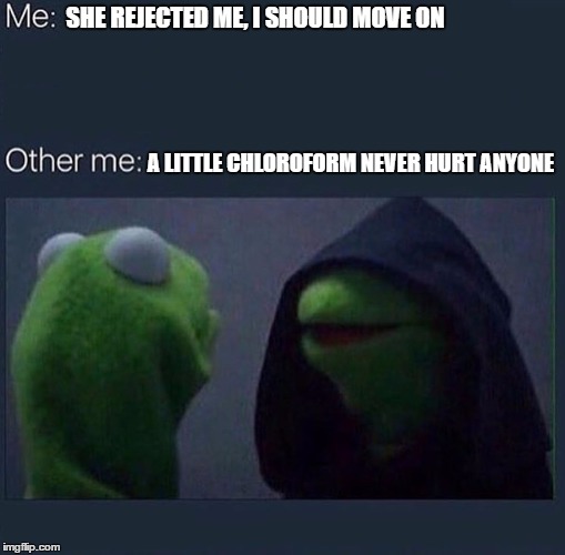 Evil Kermit | SHE REJECTED ME, I SHOULD MOVE ON; A LITTLE CHLOROFORM NEVER HURT ANYONE | image tagged in evil kermit | made w/ Imgflip meme maker