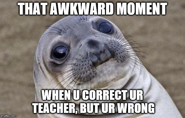 Awkward Moment Sealion Meme | THAT AWKWARD MOMENT; WHEN U CORRECT UR TEACHER, BUT UR WRONG | image tagged in memes,awkward moment sealion | made w/ Imgflip meme maker