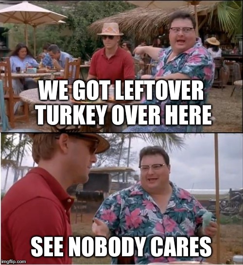 We got leftover turkey over here! | WE GOT LEFTOVER TURKEY OVER HERE; SEE NOBODY CARES | image tagged in memes,see nobody cares,leftovers,turkey,thanksgiving,jurassic park | made w/ Imgflip meme maker