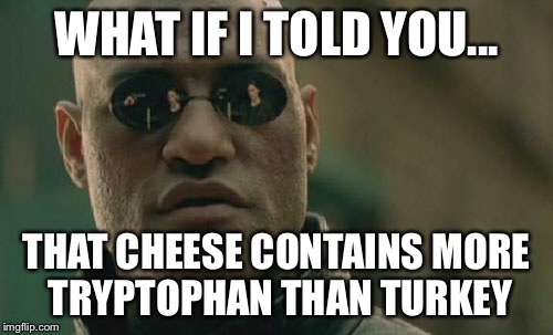 What if I told you that cheese contains more tryptophan than turkey? | WHAT IF I TOLD YOU... THAT CHEESE CONTAINS MORE TRYPTOPHAN THAN TURKEY | image tagged in memes,matrix morpheus,what if i told you,cheese,turkey,thanksgiving | made w/ Imgflip meme maker