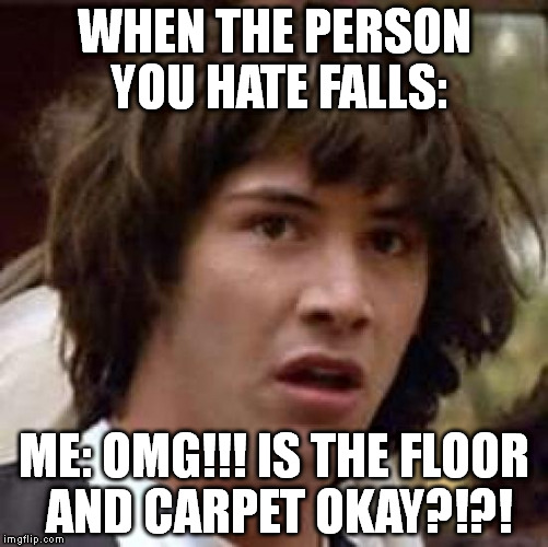 Conspiracy Keanu | WHEN THE PERSON YOU HATE FALLS:; ME: OMG!!! IS THE FLOOR AND CARPET OKAY?!?! | image tagged in memes,conspiracy keanu | made w/ Imgflip meme maker