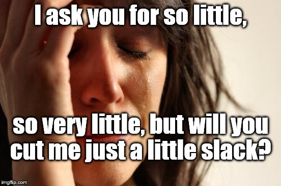 First World Problems Meme | I ask you for so little, so very little, but will you cut me just a little slack? | image tagged in memes,first world problems | made w/ Imgflip meme maker