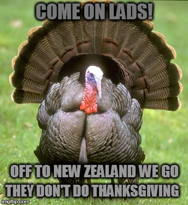 Turkey | COME ON LADS! OFF TO NEW ZEALAND WE GO; THEY DON'T DO THANKSGIVING | image tagged in memes,turkey | made w/ Imgflip meme maker