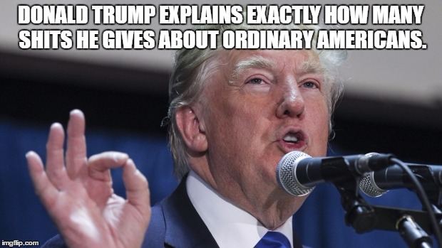 Trump Zero | DONALD TRUMP EXPLAINS EXACTLY HOW MANY SHITS HE GIVES ABOUT ORDINARY AMERICANS. | image tagged in donald trump,shits,zero fucks given | made w/ Imgflip meme maker