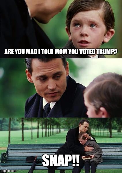 Finding Neverland Meme | ARE YOU MAD I TOLD MOM YOU VOTED TRUMP? SNAP!! | image tagged in memes,finding neverland | made w/ Imgflip meme maker