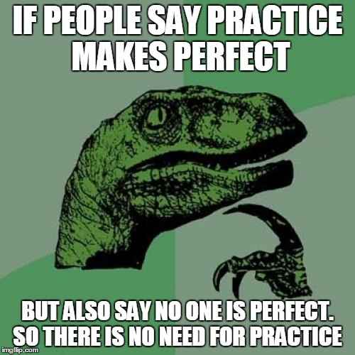 Philosoraptor Meme | IF PEOPLE SAY PRACTICE MAKES PERFECT; BUT ALSO SAY NO ONE IS PERFECT. SO THERE IS NO NEED FOR PRACTICE | image tagged in memes,philosoraptor | made w/ Imgflip meme maker