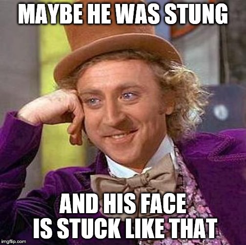 Creepy Condescending Wonka Meme | MAYBE HE WAS STUNG AND HIS FACE IS STUCK LIKE THAT | image tagged in memes,creepy condescending wonka | made w/ Imgflip meme maker