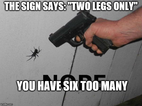 SPIDER GUN FIGHT | THE SIGN SAYS: "TWO LEGS ONLY"; YOU HAVE SIX TOO MANY | image tagged in spider gun fight | made w/ Imgflip meme maker