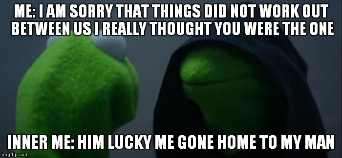 Evil Kermit Meme | ME: I AM SORRY THAT THINGS DID NOT WORK OUT BETWEEN US I REALLY THOUGHT YOU WERE THE ONE; INNER ME: HIM LUCKY ME GONE HOME TO MY MAN | image tagged in evil kermit | made w/ Imgflip meme maker