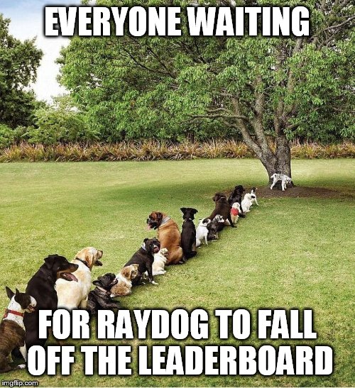 All in good fun : ) | EVERYONE WAITING; FOR RAYDOG TO FALL OFF THE LEADERBOARD | image tagged in bathroom lines,funny memes,leaderboard | made w/ Imgflip meme maker