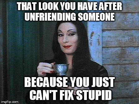 Morticia drinking tea | THAT LOOK YOU HAVE AFTER UNFRIENDING SOMEONE; BECAUSE YOU JUST CAN'T FIX STUPID | image tagged in morticia drinking tea | made w/ Imgflip meme maker