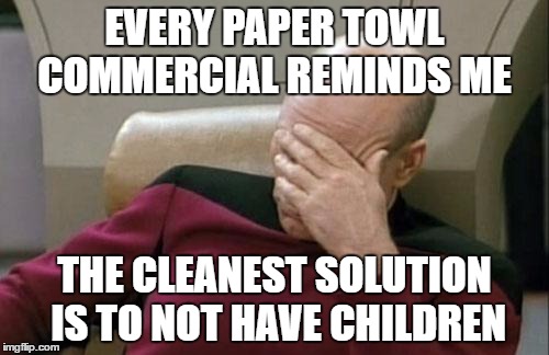 Captain Picard Facepalm Meme | EVERY PAPER TOWL COMMERCIAL REMINDS ME; THE CLEANEST SOLUTION IS TO NOT HAVE CHILDREN | image tagged in memes,captain picard facepalm | made w/ Imgflip meme maker