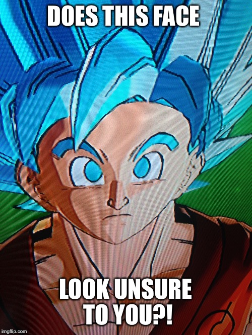 That nose. | DOES THIS FACE; LOOK UNSURE TO YOU?! | image tagged in goku,dbz,anime,blue,saiyan | made w/ Imgflip meme maker