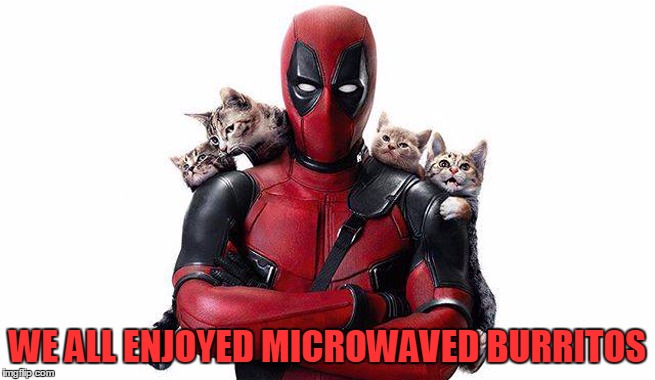 Deadpool With Kittens | WE ALL ENJOYED MICROWAVED BURRITOS | image tagged in deadpool with kittens | made w/ Imgflip meme maker