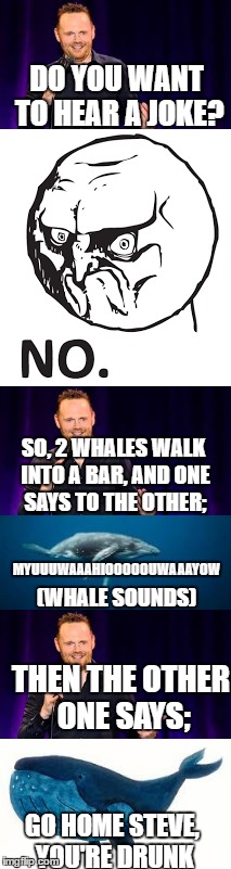 Whale Joke | DO YOU WANT TO HEAR A JOKE? SO, 2 WHALES WALK INTO A BAR, AND ONE SAYS TO THE OTHER;; MYUUUWAAAHIOOOOOUWAAAYOW; (WHALE SOUNDS); THEN THE OTHER ONE SAYS;; GO HOME STEVE, YOU'RE DRUNK | image tagged in whale,cringe joke,bad joke | made w/ Imgflip meme maker