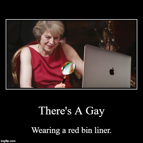Theresa Gay wearing red bin liner | image tagged in funny,tempting,bin,theresa,may,gay | made w/ Imgflip demotivational maker