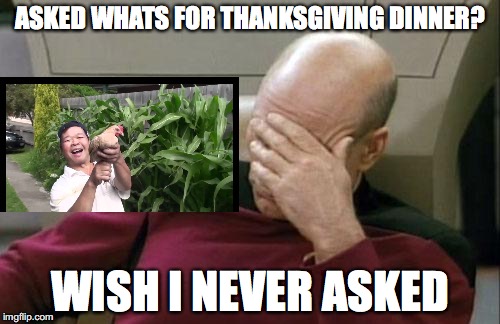 Captain Picard Facepalm | ASKED WHATS FOR THANKSGIVING DINNER? WISH I NEVER ASKED | image tagged in memes,captain picard facepalm | made w/ Imgflip meme maker