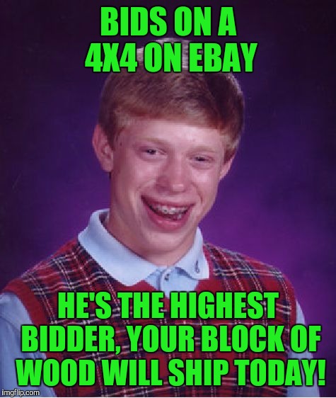 Bad Luck Brian Meme | BIDS ON A 4X4 ON EBAY; HE'S THE HIGHEST BIDDER, YOUR BLOCK OF WOOD WILL SHIP TODAY! | image tagged in memes,bad luck brian | made w/ Imgflip meme maker