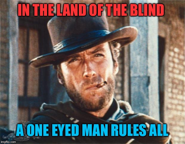 To some extent, intelligence is relative. | IN THE LAND OF THE BLIND; A ONE EYED MAN RULES ALL | image tagged in clint eastwood | made w/ Imgflip meme maker