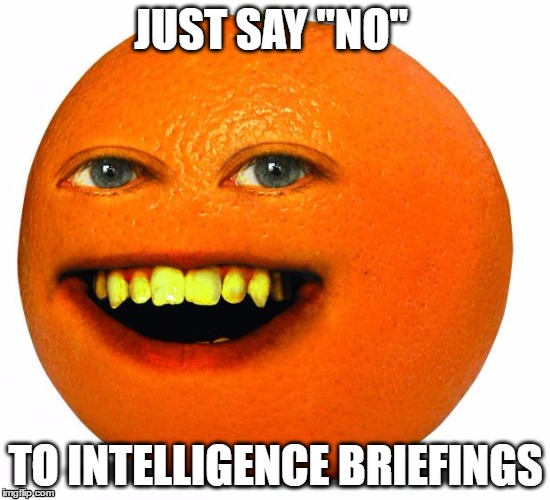 Annoying Orange | JUST SAY "NO"; TO INTELLIGENCE BRIEFINGS | image tagged in annoying orange | made w/ Imgflip meme maker