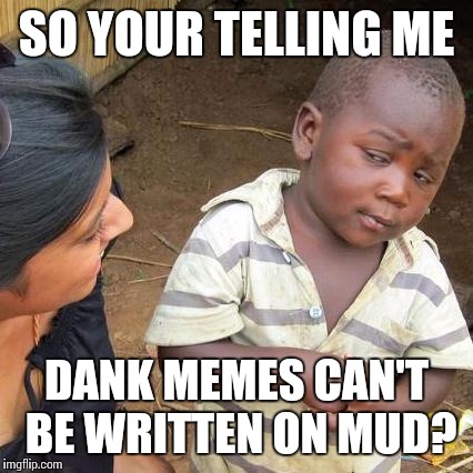 Third World Skeptical Kid Meme | SO YOUR TELLING ME; DANK MEMES CAN'T BE WRITTEN ON MUD? | image tagged in memes,third world skeptical kid | made w/ Imgflip meme maker