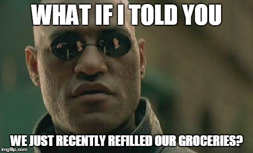 Matrix Morpheus Meme | WHAT IF I TOLD YOU WE JUST RECENTLY REFILLED OUR GROCERIES? | image tagged in memes,matrix morpheus | made w/ Imgflip meme maker