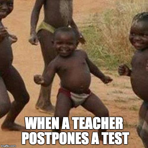 Third World Success Kid | WHEN A TEACHER POSTPONES A TEST | image tagged in memes,third world success kid | made w/ Imgflip meme maker