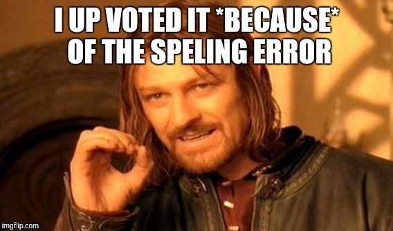 One Does Not Simply Meme | I UP VOTED IT *BECAUSE* OF THE SPELING ERROR | image tagged in memes,one does not simply | made w/ Imgflip meme maker