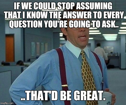 That Would Be Great Meme | IF WE COULD STOP ASSUMING THAT I KNOW THE ANSWER TO EVERY QUESTION YOU'RE GOING TO ASK.. ..THAT'D BE GREAT. | image tagged in memes,that would be great | made w/ Imgflip meme maker