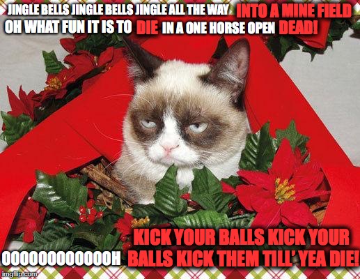 Grumpy Cat Mistletoe |  INTO A MINE FIELD; JINGLE BELLS JINGLE BELLS JINGLE ALL THE WAY; OH WHAT FUN IT IS TO; DIE; DEAD! IN A ONE HORSE OPEN; KICK YOUR BALLS KICK YOUR BALLS KICK THEM TILL’ YEA DIE! OOOOOOOOOOOOH | image tagged in memes,grumpy cat mistletoe,grumpy cat | made w/ Imgflip meme maker
