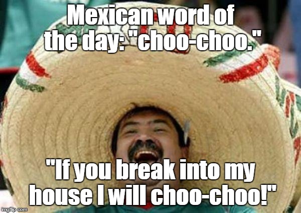 mexican | Mexican word of the day: "choo-choo."; "If you break into my house I will choo-choo!" | image tagged in mexican | made w/ Imgflip meme maker