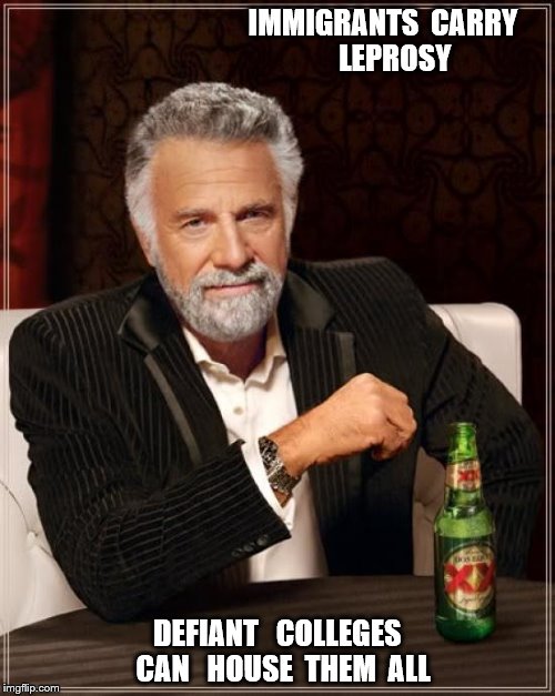 The Most Interesting Man In The World | IMMIGRANTS  CARRY    LEPROSY; DEFIANT   COLLEGES  CAN   HOUSE  THEM  ALL | image tagged in memes,the most interesting man in the world | made w/ Imgflip meme maker