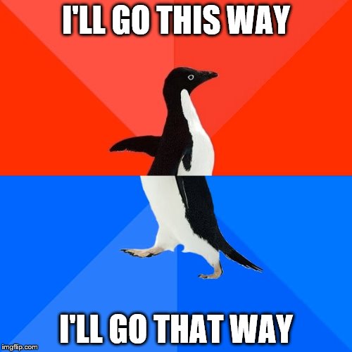 Socially Awesome Awkward Penguin | I'LL GO THIS WAY; I'LL GO THAT WAY | image tagged in memes,socially awesome awkward penguin | made w/ Imgflip meme maker
