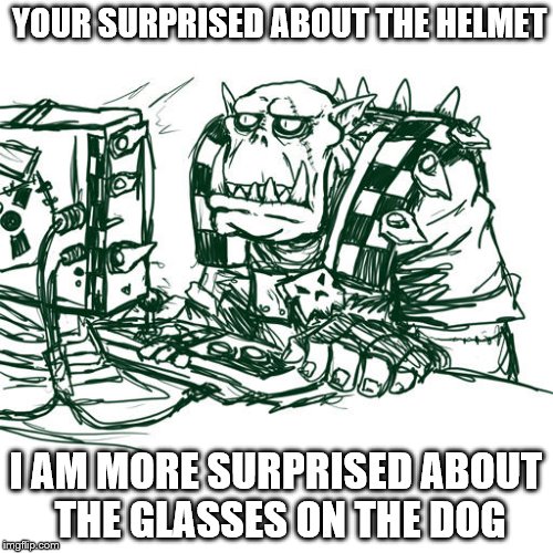 YOUR SURPRISED ABOUT THE HELMET I AM MORE SURPRISED ABOUT THE GLASSES ON THE DOG | made w/ Imgflip meme maker
