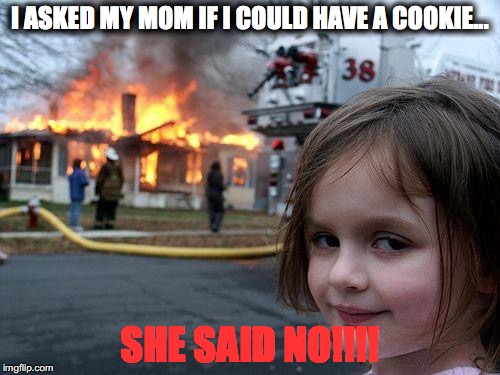 Disaster Girl | I ASKED MY MOM IF I COULD HAVE A COOKIE... SHE SAID NO!!!! | image tagged in memes,disaster girl | made w/ Imgflip meme maker