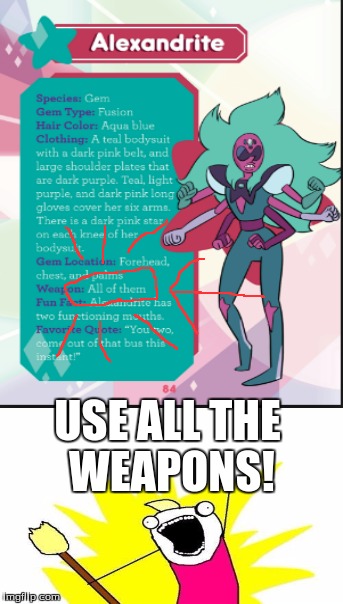 I just started watching Steven Universe afew days ago and I'm already 3 seasons in! I want to make afew memes I've been saving. | USE ALL THE WEAPONS! | image tagged in steven universe,alexandrite,weapons,x all the y,meme | made w/ Imgflip meme maker