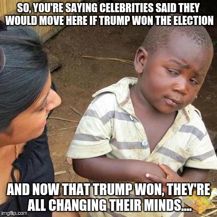 Third World Skeptical Kid Meme | SO, YOU'RE SAYING CELEBRITIES SAID THEY WOULD MOVE HERE IF TRUMP WON THE ELECTION; AND NOW THAT TRUMP WON, THEY'RE ALL CHANGING THEIR MINDS.... | image tagged in memes,third world skeptical kid | made w/ Imgflip meme maker