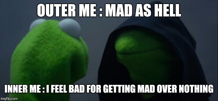 Evil Kermit | OUTER ME : MAD AS HELL; INNER ME : I FEEL BAD FOR GETTING MAD OVER NOTHING | image tagged in evil kermit,mad,memes,bad | made w/ Imgflip meme maker