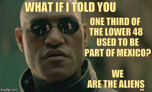Matrix Morpheus Meme | WHAT IF I TOLD YOU ONE THIRD OF  THE LOWER 48     USED TO BE     PART OF MEXICO?  
                    WE          ARE THE ALIENS ,,, | image tagged in memes,matrix morpheus | made w/ Imgflip meme maker