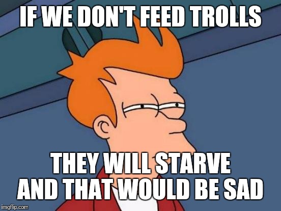 Futurama Fry |  IF WE DON'T FEED TROLLS; THEY WILL STARVE AND THAT WOULD BE SAD | image tagged in memes,futurama fry | made w/ Imgflip meme maker