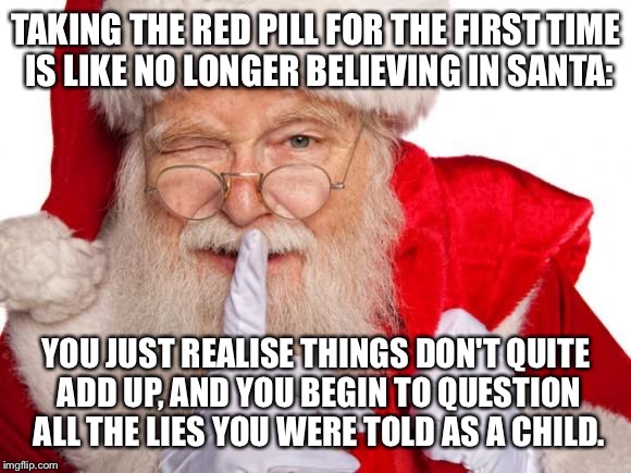 Santa Claus | TAKING THE RED PILL FOR THE FIRST TIME IS LIKE NO LONGER BELIEVING IN SANTA:; YOU JUST REALISE THINGS DON'T QUITE ADD UP, AND YOU BEGIN TO QUESTION ALL THE LIES YOU WERE TOLD AS A CHILD. | image tagged in santa claus | made w/ Imgflip meme maker