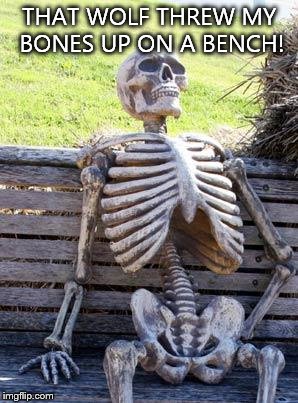 Waiting Skeleton Meme | THAT WOLF THREW MY BONES UP ON A BENCH! | image tagged in memes,waiting skeleton | made w/ Imgflip meme maker