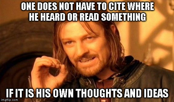 One Does Not Simply | ONE DOES NOT HAVE TO CITE WHERE HE HEARD OR READ SOMETHING; IF IT IS HIS OWN THOUGHTS AND IDEAS | image tagged in memes,one does not simply | made w/ Imgflip meme maker