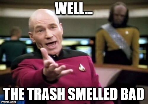 Picard Wtf Meme | WELL... THE TRASH SMELLED BAD | image tagged in memes,picard wtf | made w/ Imgflip meme maker