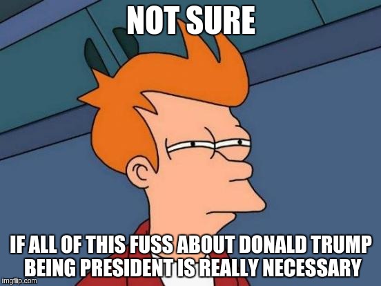 Futurama Fry Meme | NOT SURE; IF ALL OF THIS FUSS ABOUT DONALD TRUMP BEING PRESIDENT IS REALLY NECESSARY | image tagged in memes,futurama fry | made w/ Imgflip meme maker