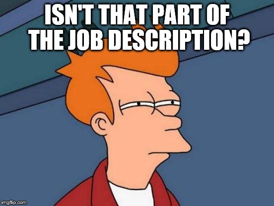 Futurama Fry Meme | ISN'T THAT PART OF THE JOB DESCRIPTION? | image tagged in memes,futurama fry | made w/ Imgflip meme maker