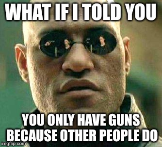 Mind blown | WHAT IF I TOLD YOU; YOU ONLY HAVE GUNS BECAUSE OTHER PEOPLE DO | image tagged in what if i told you | made w/ Imgflip meme maker