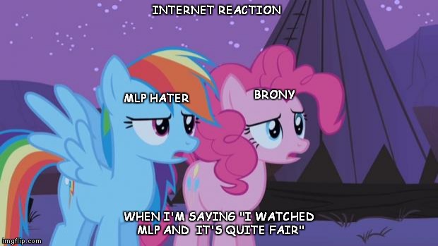 Mlp Pinkie Pie Rainbow Dash | INTERNET REACTION; BRONY; MLP HATER; WHEN I'M SAYING "I WATCHED MLP AND  IT'S QUITE FAIR" | image tagged in mlp pinkie pie rainbow dash | made w/ Imgflip meme maker
