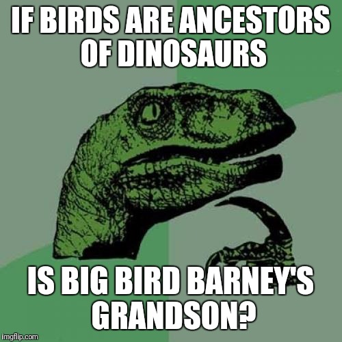 Philosoraptor | IF BIRDS ARE ANCESTORS OF DINOSAURS; IS BIG BIRD BARNEY'S GRANDSON? | image tagged in memes,philosoraptor | made w/ Imgflip meme maker
